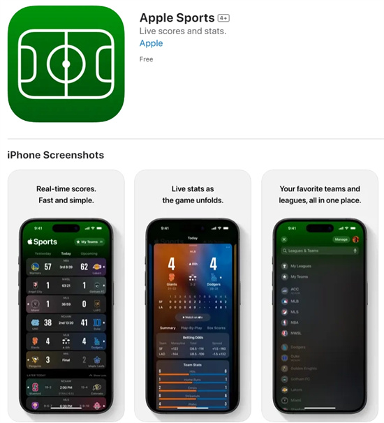 苹果推出免费体育应用程序Apple Sports，美国、英国、加拿大iPhone用户现可下载